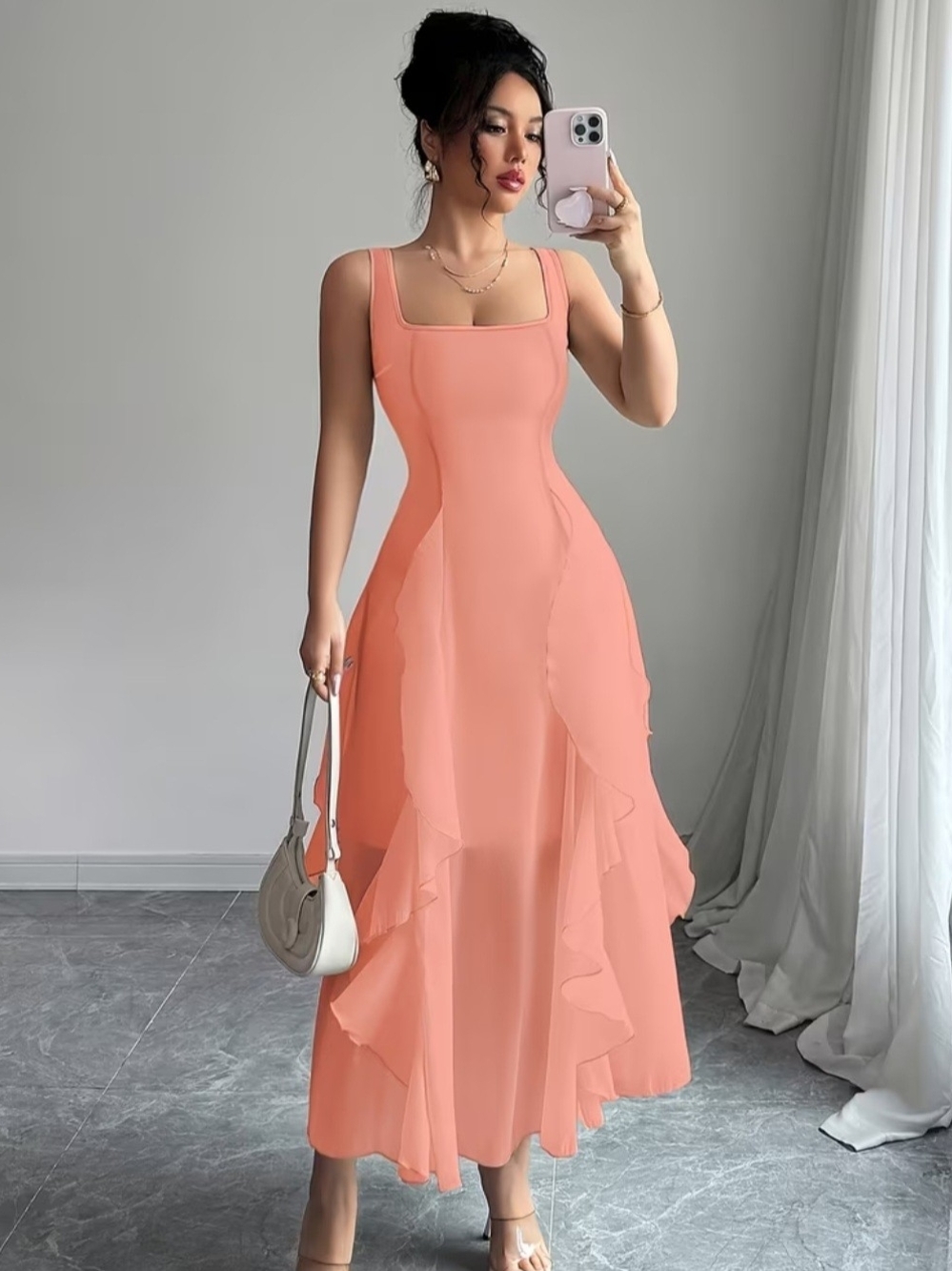Sleeveless Coral Ruffle Midi Dress